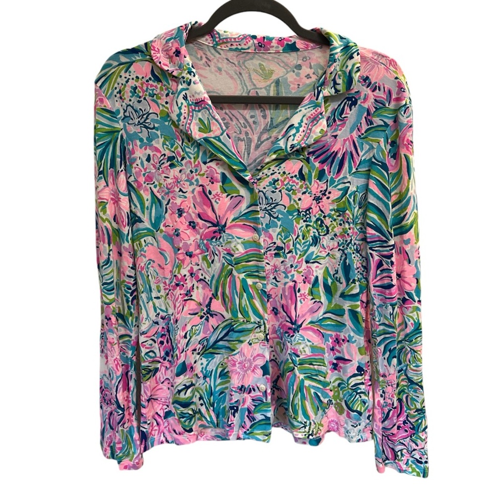 Lilly Pulitzer PJ Knit Long Sleeve Button-Up Top Neon Preppy Southern Pajamas S